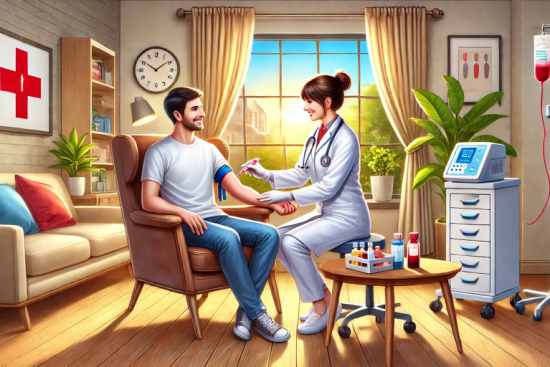 DALL·E 2024-12-08 01.39.35 - A professional and welcoming digital illustration of a home blood sample collection scenario. The scene includes a friendly healthcare worker in a nea